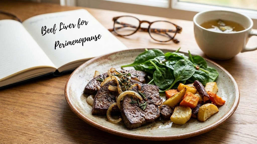 a plate of Beef Liver and veg
