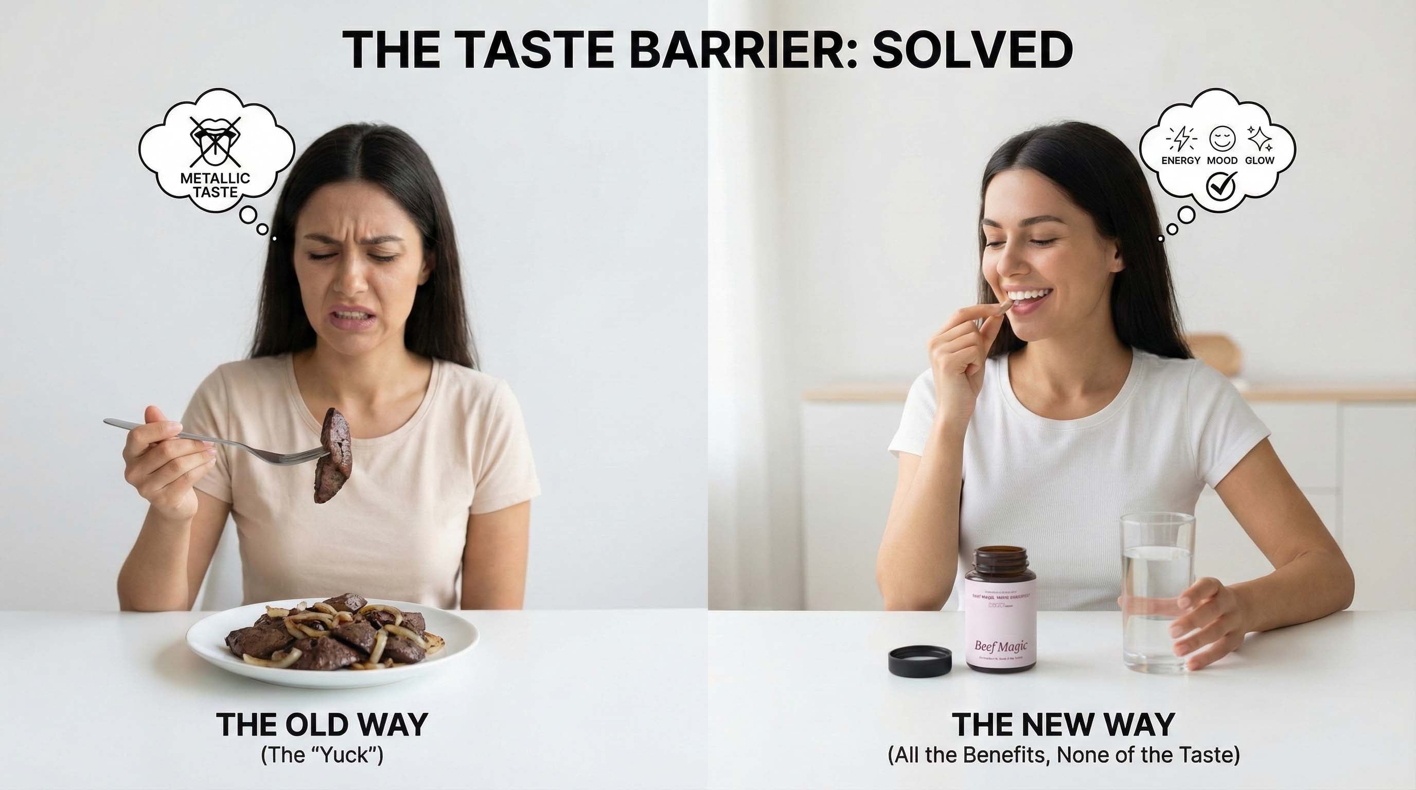 a woman tasting beef liver and beef organ supplements