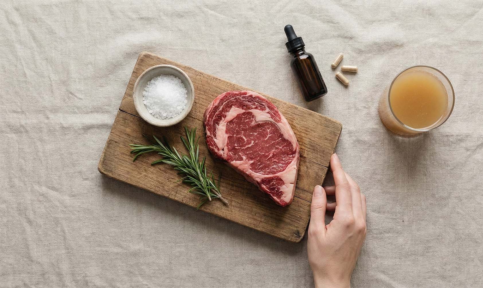Carnivore diet for women showing a steak on a wooden board