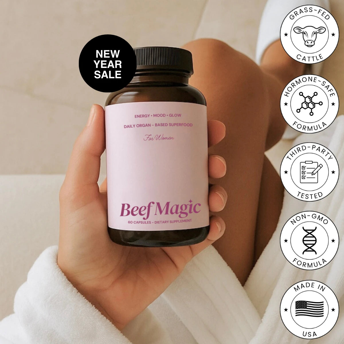 Beef Magic bottle showing quality certifications: Grass-Fed Cattle, Hormone-Safe Formula, Third-Party Tested, Non-GMO, and Made in USA.